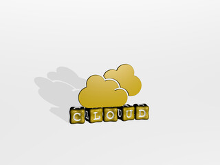 3D representation of CLOUD with icon on the wall and text arranged by metallic cubic letters on a mirror floor for concept meaning and slideshow presentation. background and blue