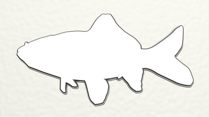 big fish from a perspective on the wall. A thick sculpture made of metallic materials of 3D rendering. background and illustration