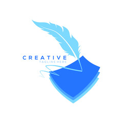 feather pen logo blue above 3 stacked square layer vector design template