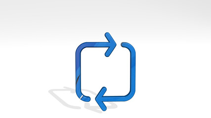 synchronize arrows square made by 3D illustration of a shiny metallic sculpture casting shadow on light background. icon and design