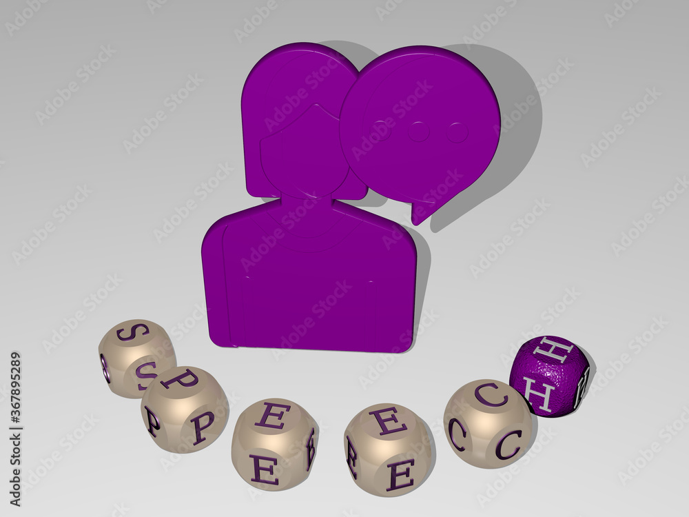 Poster 3d illustration of speech graphics and text around the icon made by metallic dice letters for the re