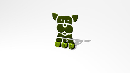 3D graphical image of dog vertically along with text built by metallic cubic letters from the top perspective, excellent for the concept presentation and slideshows. animal and cute