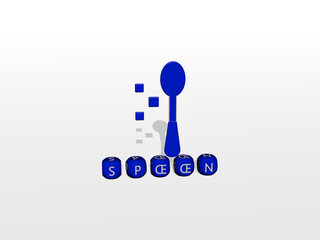 3D illustration of spoon graphics and text made by metallic dice letters for the related meanings of the concept and presentations. background and wooden