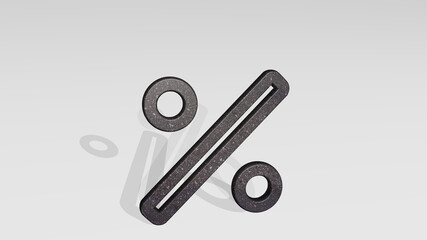 discount casting shadow with two lights. 3D illustration of metallic sculpture over a white background with mild texture. sale and banner