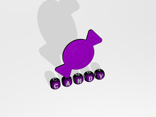 3D illustration of CANDY graphics and text made by metallic dice letters for the related meanings of the concept and presentations. background and chocolate