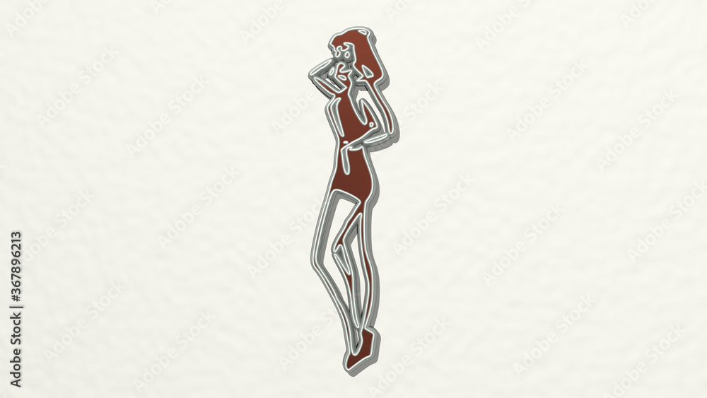 Fototapete girly figure from a perspective on the wall. a thick sculpture made of metallic materials of 3d rend