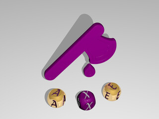 3D graphical image of axe vertically along with text built around the icon by metallic cubic letters from the top perspective, excellent for the concept presentation and slideshows. illustration