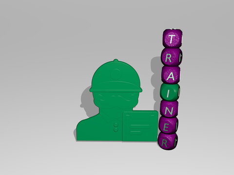 3D illustration of trainer graphics and text around the icon made by metallic dice letters for the related meanings of the concept and presentations. gym and fitness