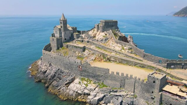 Aerial 4K footage of the coast of Portovenere, Cinque Terre in Italy.