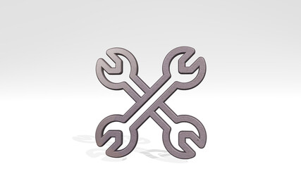 WENCH DOUBLE casting shadow with two lights. 3D illustration of metallic sculpture over a white background with mild texture. exposure and concept