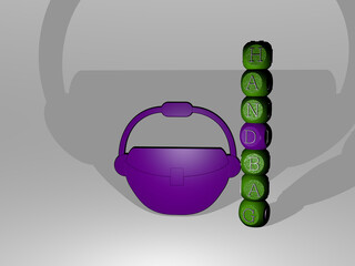 3D representation of handbag with icon on the wall and text arranged by metallic cubic letters on a mirror floor for concept meaning and slideshow presentation. background and fashion