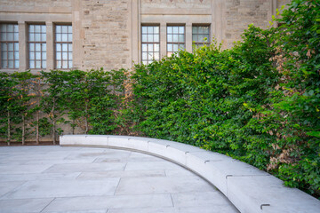 old brick wall with tall thick green bushes and a curved bench