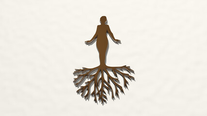 WOMAN WITH TREE ROOTS on the wall. 3D illustration of metallic sculpture over a white background with mild texture. beautiful and young - obrazy, fototapety, plakaty
