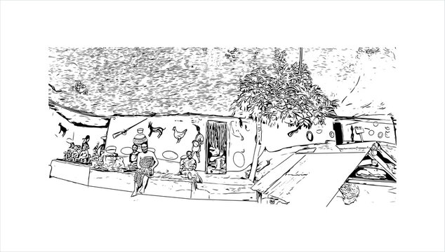 Building view with landmark of Abeokuta is the state capital of Ogun State in southwest Nigeria. Hand drawn sketch illustration in vector.