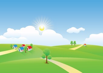 green landscape with houses