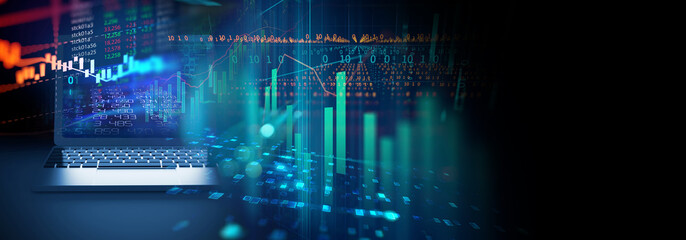 banner of stock market investment graph with indicator and volume data.