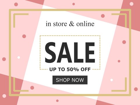 Pink gold sale card flyer, up to 50% off shop now ad template vector icon.