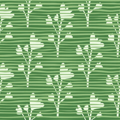 Fototapeta na wymiar Seamless botanic pattern with flowers. Green background with strips. Simple design.