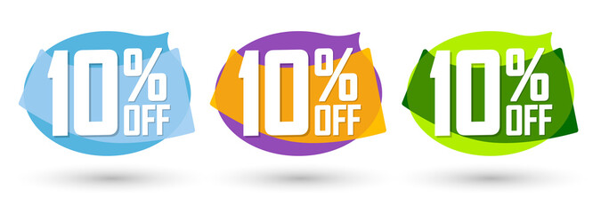 Set Sale 10% off bubble banners, discount tags design template, extra offer, vector illustration