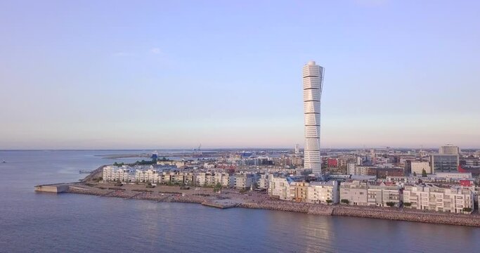 Malmo marina tower drone fly point of interest at evening time