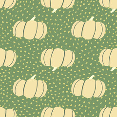Autumn food pumpkin doodle seamless pattern. Green background with dots and light vegetable elements.