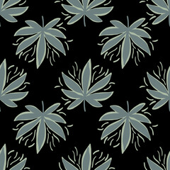 Seamless pattern with hemp leaves in dark tones. Grey marijuana elements on black background.