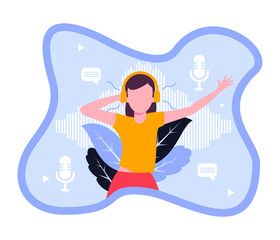 Happy woman listening  Podcast flat design