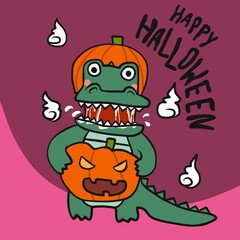Crocodile monster wear pumpkin hat and bring pumpkin monster Halloween cartoon vector illustration