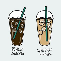 Black iced coffee cup and Original iced coffee cup cartoon vector illustration