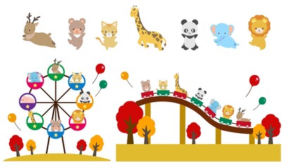 Illustration set of cute animals playing in the amusement park