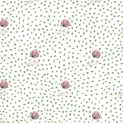 Doodle dandelion on seamless pattern on dots background. Botanical wallpaper.