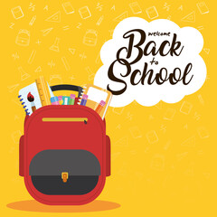 back to school poster with schoolbag and supplies