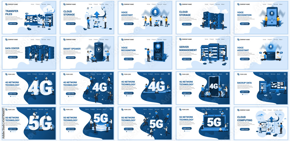 Poster set of landing page design templates, big collection concept of cloud computing, digital storage, ba
