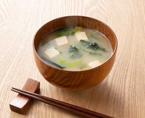 miso soup of tofu and wakame seaweed