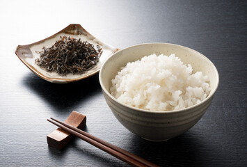 White rice and salted kelp.