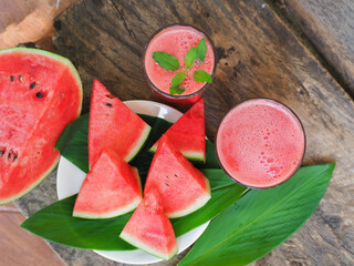 Watermelon Juice, watermelon smoothie on a wooden background drink for healthy 