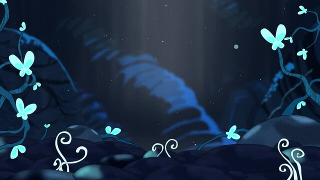 Animated 2D landscape, beautiful blue landscape, floating particles, beam light, plants and butterflies move. Loop animation, vector, illustration, flat style, background
