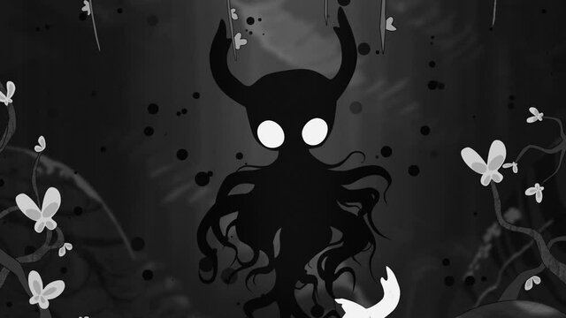 2D animation, Dark character levitates and moves his tentacles in black and white, floating particles, plants and butterflies move.. Loop animation, vector, illustration, flat style, Hollow Knight