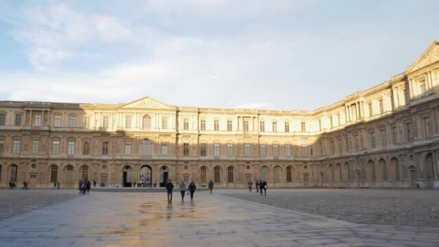 A Panoramic View Of Cour Carree - Square Court Is One Of The Main Courtyards Of The Louvre Palace In Paris, France. - panning shot
