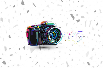 t-shirt design with a logo of a camera. 3d printed design DSLR camera logo. vector illustration