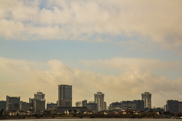 Fototapeta premium modern square with skyline and cityscape background