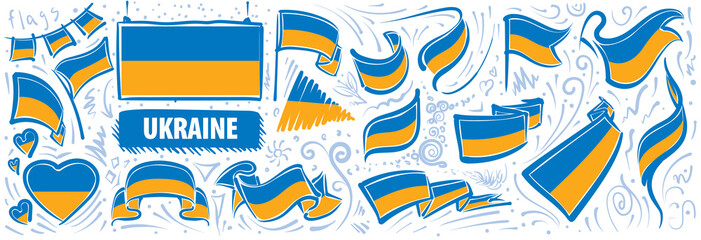 Vector set of the national flag of Ukraine in various creative designs