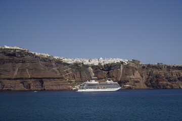 the beautiful town on the cliff and the ferry, Santorini island in Greece, Europe