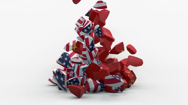 3D animation of the collision of two spheres with the flags of the USA and China. The idea of a confrontation between two superpowers and the subsequent economic collapse.