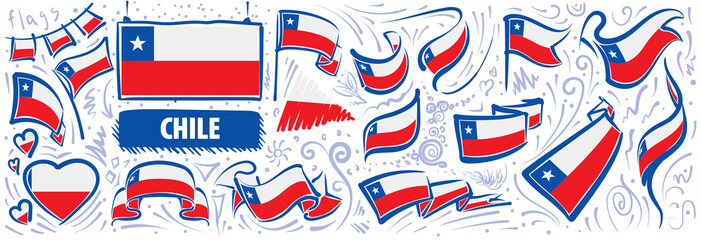 Obraz premium Vector set of the national flag of Chile in various creative designs