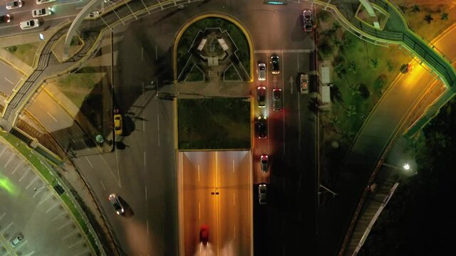 Aerial shot on Maximo Gomez Avenue, Dominican Republic, many vehicles at night