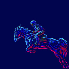 Man riding horse line pop art potrait logo colorful design with dark background. Abstract vector illustration. Isolated black background for t-shirt, poster, clothing, merch, apparel, badge design