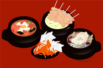 illustration of the appearance of Korean food. illustration of bbq and other popular korean food. The best view of Korean food. Put fried chicken or barbecue wings sprinkled with chili sauce and leeks