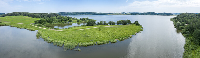 panoramic aerial view of beautiful and tranquil rural landscape. Dubrovskoe lake, Minsk region, Belarus