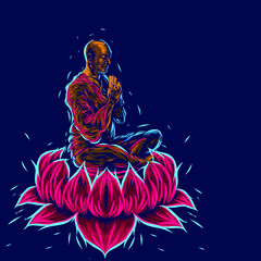 Fototapeta na wymiar shaolin monk meditation on the lotus flower line pop art potrait colorful design with dark background. 